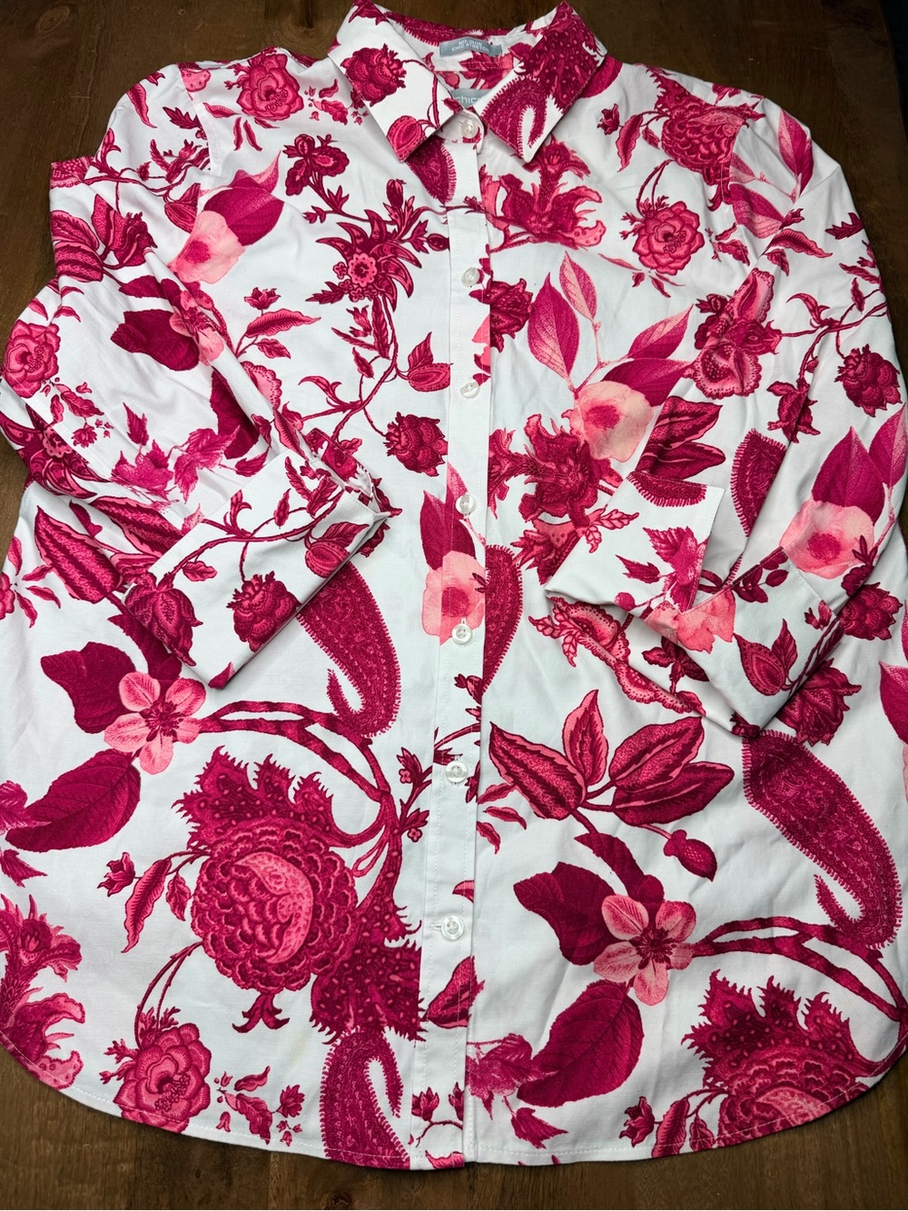 Chico’s White Button-Up Shirt with Pink Floral Print